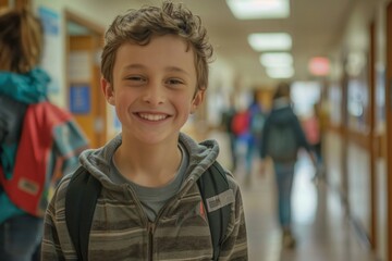 Wall Mural - A boy wearing a blue shirt and a backpack is smiling in a hallway