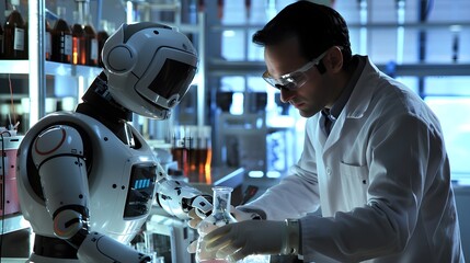 Poster - A scientist collaborates with a humanoid robot in a modern laboratory, showcasing advanced technology and innovation in research.