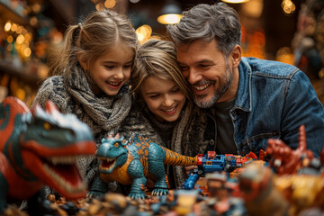 Wall Mural - A family excitedly examining new toys they bought during Black Friday sales. Concept of holiday gifts and family enjoyment.