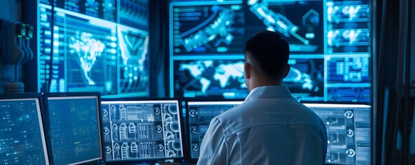 Poster - A scientist monitors multiple screens displaying data and graphs, immersed in high-tech research and analysis in a modern lab.