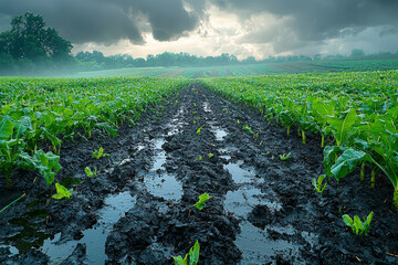 Canvas Print - A damaged agricultural field with toppled crops after a violent hailstorm. Concept of crop damage and agricultural challenges.