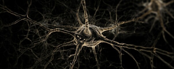 Poster - Detailed neuron on black background, scientific visualization. Biology and science concept