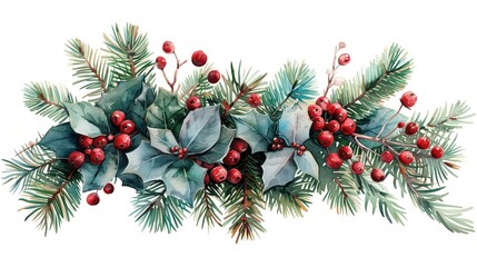 Christmas Botanical watercolor painting of holly leaves, vibrant red berries with evergreen pine branches. Festive decorations for winter season