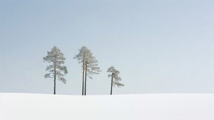 Wall Mural - Isolated fir trees amidst a vast snow covered field beneath a clear blue winter sky