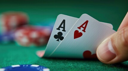 Pair of aces in poker hand close-up