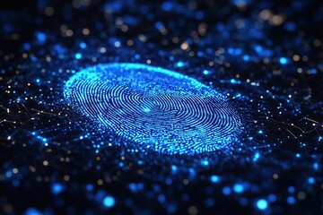 Poster - digital identity biometric security concept with blue glowing fingerprint