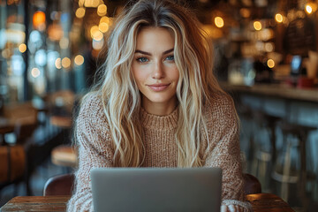 Aufkleber - a bisexual woman working on a laptop at a cafe, focused on her career and enjoying her favorite coff