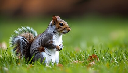 Curious grey squirrel perched in lush grass with tail elegantly upright