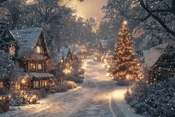 Canvas Print - A snow-covered village at night, with warm lights glowing in the windows and a decorated tree in the town square. Concept of community and holiday spirit.