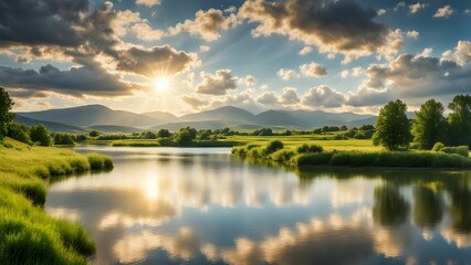 Wall Mural - A beautiful lake with a sun reflecting on the water