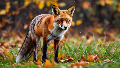 Red fox gracefully perched on grass blanketed with vibrant autumn leaves