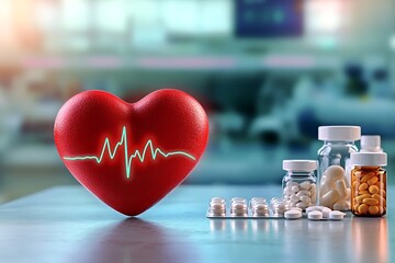 Red heart with heartbeat monitor and pills on a table, concept of cardiovascular health, medication and treatment