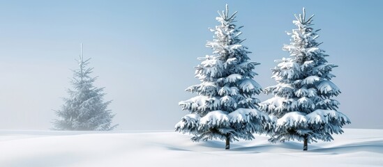 Fluffy spruce trees blanketed in snow standing in a white field under a clear blue sky winter landscape snowdrifts banner