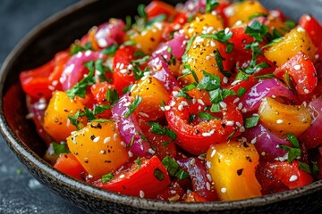 Close-up of a colorful salad with red and yellow bell peppers, red onions, and sesame seeds in a black bowl