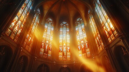 Church interior with stained glass windows