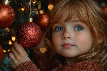 Wall Mural - A child hanging the final ornament on the Christmas tree, completing the family's holiday preparations. Concept of participation and festive excitement.