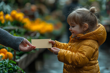 Poster - A child giving a handmade card to a teacher, expressing gratitude and warmth. Concept of appreciation and spreading positive vibes.