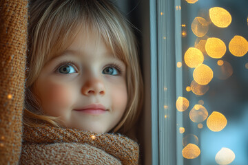 Wall Mural - A child excitedly peeking out of the window, hoping to catch a glimpse of Santa's sleigh. Concept of anticipation and the magic of Christmas Eve.