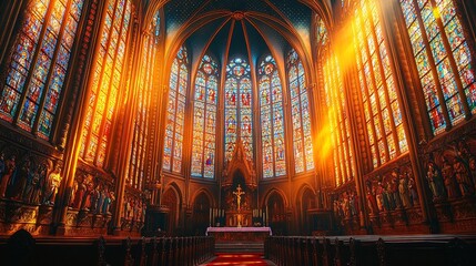 Church interior with stained glass windows