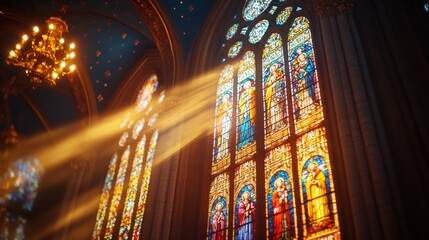 Church interior with stained glass windows