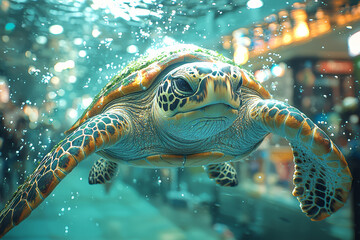 Poster - An enormous, luminous sea turtle gliding through a busy shopping mall, creating a serene contrast to the hectic commercial environment. Concept of magical creatures in everyday spaces.