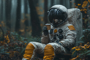 An astronaut casually sipping coffee on a park bench, surrounded by a lush, green forest, defying the boundaries of space and nature.