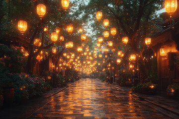 Poster - An enchanted forest with glowing trees and floating lanterns appearing in the middle of a crowded urban plaza, transforming the cityscape into a fairytale realm.