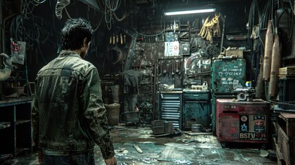 Wall Mural - A man in a dirty garage filled with various tools, wearing a green jacket.