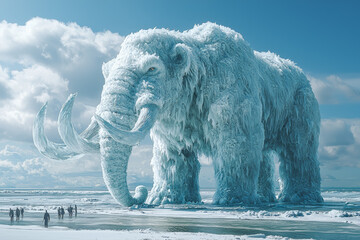 Poster - A towering ice sculpture of a prehistoric mammoth standing majestically in the center of a tropical beach, creating a stark contrast between climates.