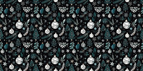 Wall Mural - Elegant winter christmas greenery seamless border pattern with snow template element design. Festive rustic textile foliage pattern with tree, snowflakes texture banner ribbon trim background.