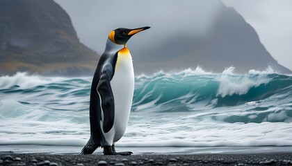 Majestic king penguin against a backdrop of a tumultuous ocean storm