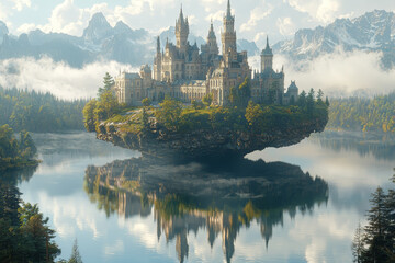 Wall Mural - a mystical, levitating castle floating above a serene lake, its towers shimmering as they reflect th
