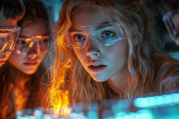 Poster - a group of teens collaborating on a science project in a high-tech lab, surrounded by colorful exper