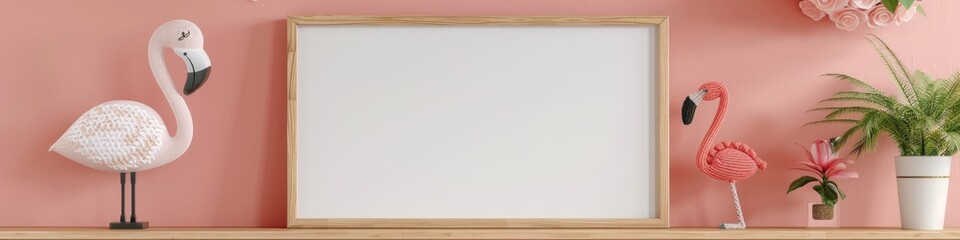 Poster - children's bedroom decoration featuring wooden floating shelves, an empty wooden frame, and a knitte