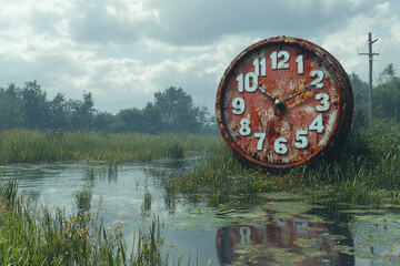 Poster - a gigantic, floating clock with melting numbers hovering over a serene lake, distorting time in an o