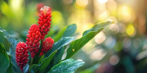 Poster - Red Button Ginger Plant with Soft Focus and Copy Space