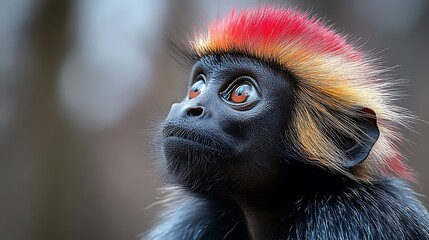 A close-up portrait of a red-haired monkey with large eyes looking up.