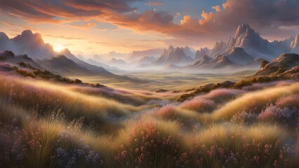 Wall Mural - A breathtaking view of a mountain range at sunset, with rolling hills and wildflowers in the foreground.