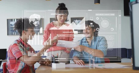 Poster - Animation of data processing and diagrams over diverse colleagues discussing work