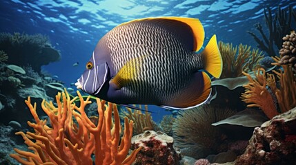 Wall Mural - Colorful tropical fish swimming among vibrant coral in a clear blue ocean reef, underwater marine life scene.