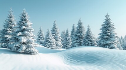 Fluffy spruce trees blanketed in snow atop white humps under a bright clear blue sky winter landscape snowdrifts banner