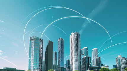 Wall Mural - a modern cityscape with several tall buildings under a clear blue sky. White arcs are overlaid on the image, representing network connections