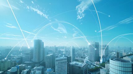 Wall Mural - a modern cityscape with several tall buildings under a clear blue sky. White arcs are overlaid on the image, representing network connections