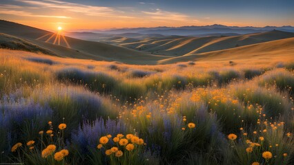 Wall Mural - A stunning sunrise over rolling hills with a field of wildflowers in the foreground. The sun is shining brightly, casting long shadows across the landscape.