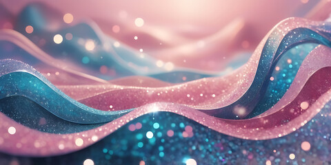 Wall Mural -  abstract background with pink and blue waves, 3d render illustration,  Silk Luxury glitter background