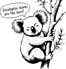 Poster - Cute Koala Enjoying Eucalyptus Leaves in Black and White