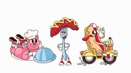 Poster - Groovy BBQ cartoon characters set. Funny retro hotdog on scooter, fork with sausage, pig chef with barbecue serving dish. BBQ food mascot, cartoon sticker of 70s 80s style vector illustration