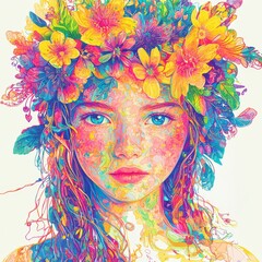 Wall Mural - The portrait of a woman with a floral background in a watercolor style. She is dreaming about something. This is an abstract painting in watercolor style representing the unity of nature and man.