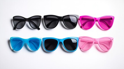 A row of sunglasses with different colors and styles