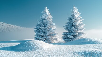 Wall Mural - Snow covered fluffy spruce trees amidst a white field and snowdrifts under a clear blue sky banner winter landscape